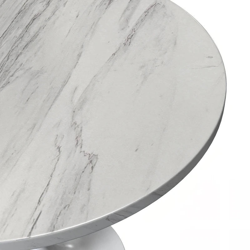 Table à manger ronde avec plateau en résine blanche et pied central en acier blanc