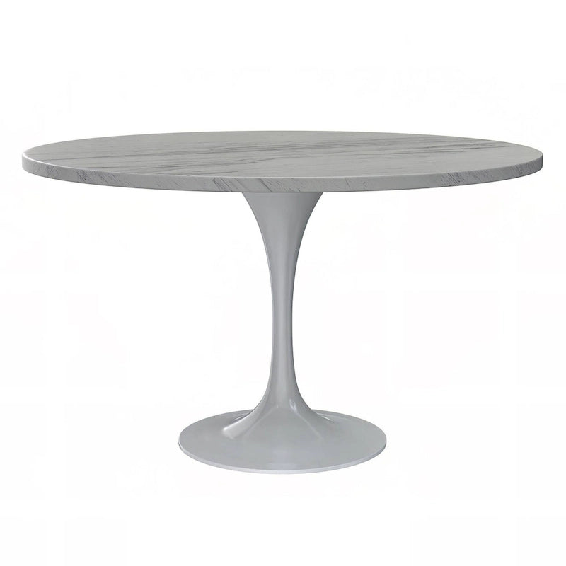 Table à manger ronde avec plateau en résine blanche et pied central en acier blanc