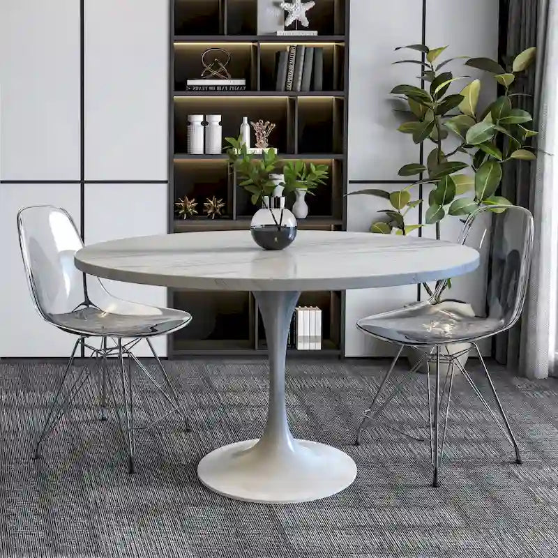 Table à manger ronde avec plateau en résine blanche et pied central en acier blanc