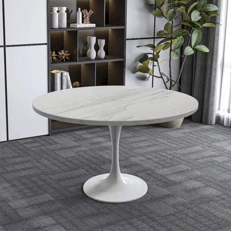 Table à manger ronde avec plateau en résine blanche et pied central en acier blanc