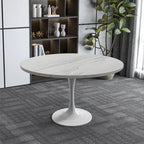 Table à manger ronde avec plateau en résine blanche et pied central en acier blanc