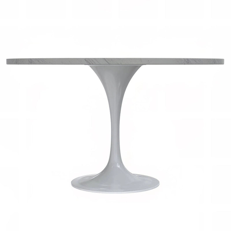 Table à manger ronde avec plateau en résine blanche et pied central en acier blanc