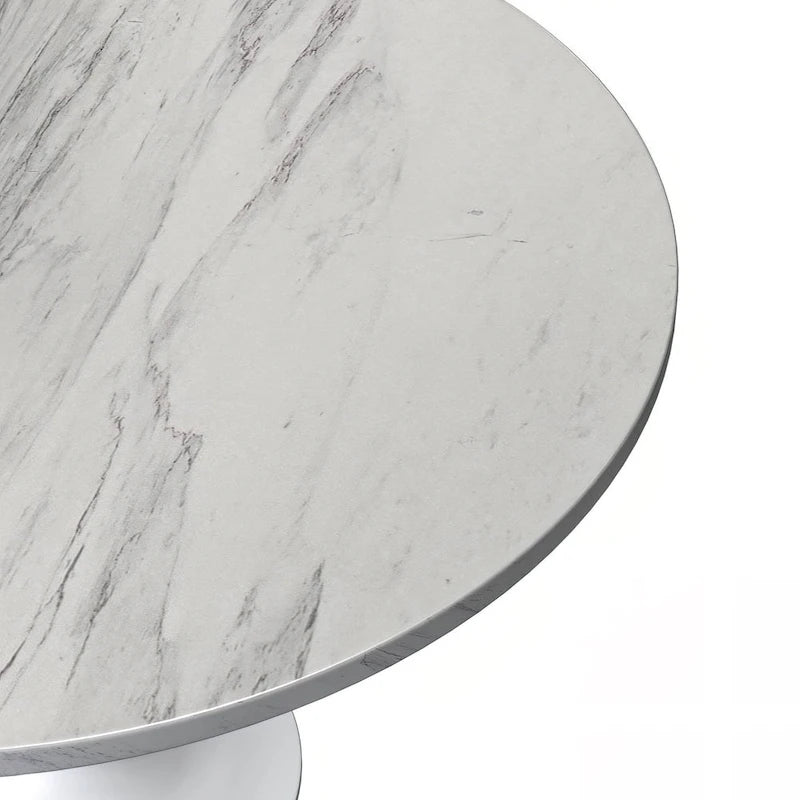 Table à manger ronde avec plateau en résine blanche et pied central en acier blanc