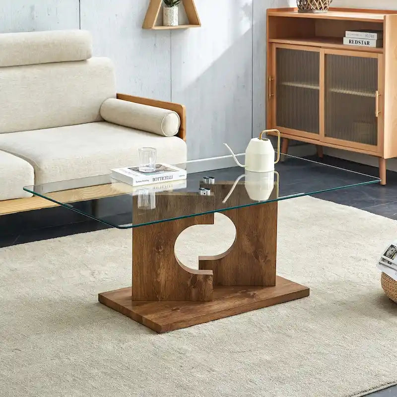 Table basse rectangulaire avec plateau en verre trempé et pieds en MDF