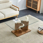 Table basse rectangulaire avec plateau en verre trempé et pieds en MDF