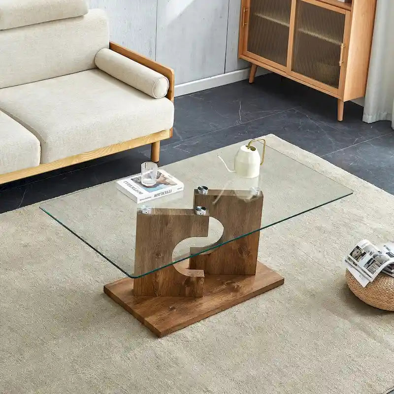 Table basse rectangulaire avec plateau en verre trempé et pieds en MDF