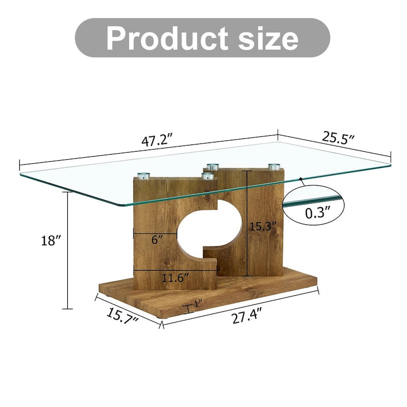 Table basse rectangulaire avec plateau en verre trempé et pieds en MDF