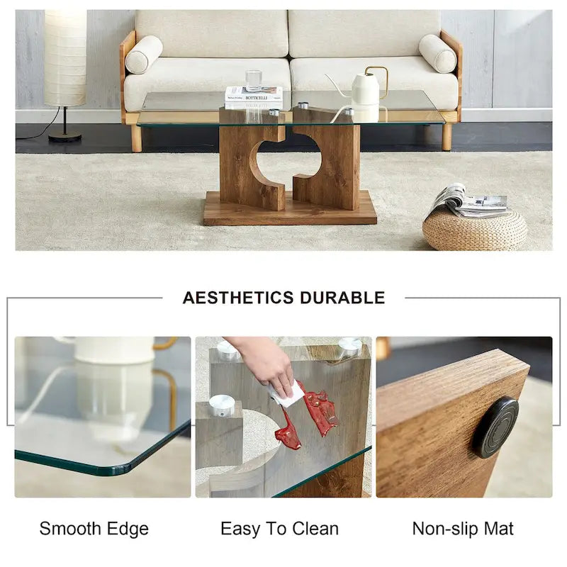 Table basse rectangulaire avec plateau en verre trempé et pieds en MDF