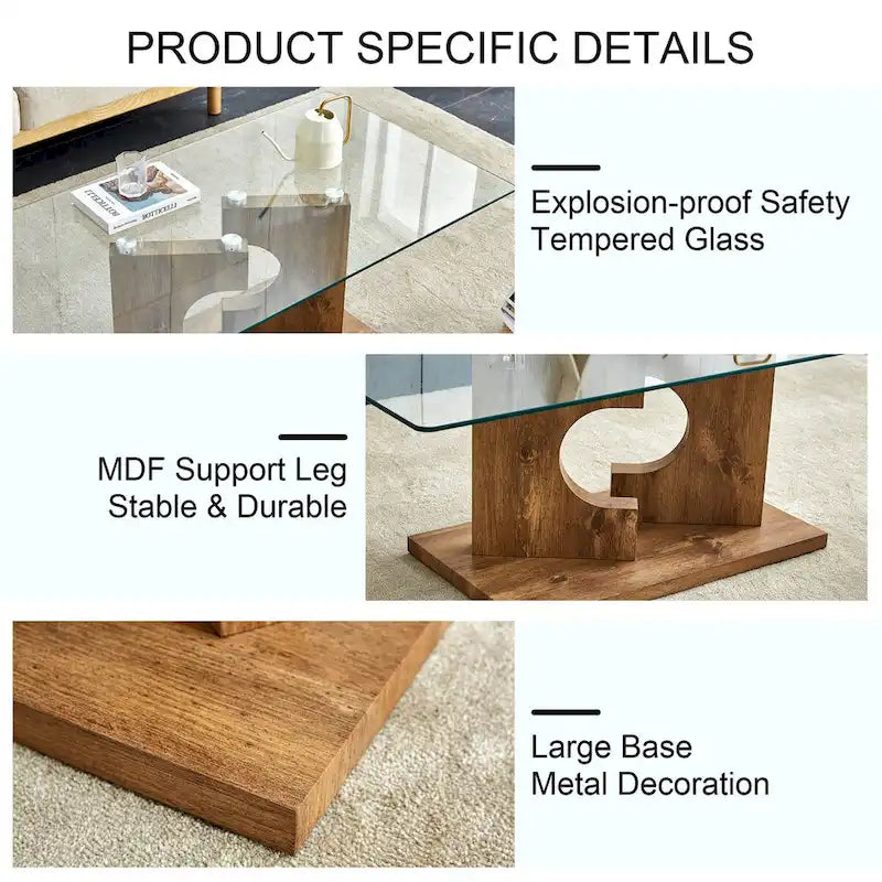 Table basse rectangulaire avec plateau en verre trempé et pieds en MDF