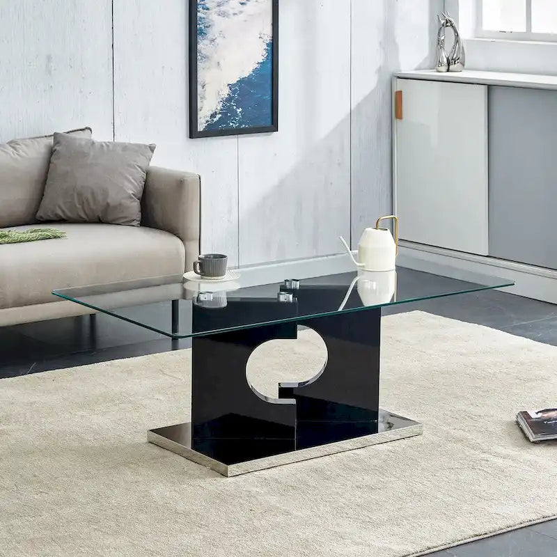 Table basse rectangulaire avec plateau en verre trempé et pieds en MDF