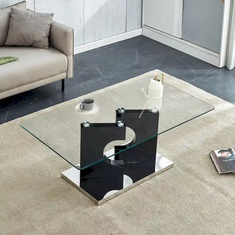 Table basse rectangulaire avec plateau en verre trempé et pieds en MDF