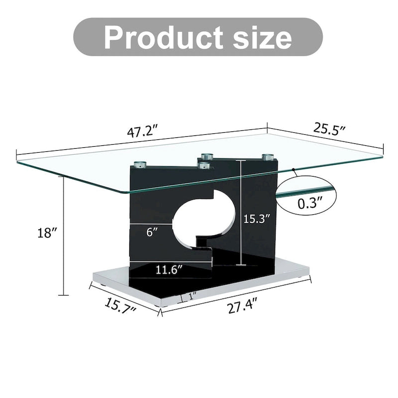 Table basse rectangulaire avec plateau en verre trempé et pieds en MDF