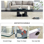 Table basse rectangulaire avec plateau en verre trempé et pieds en MDF