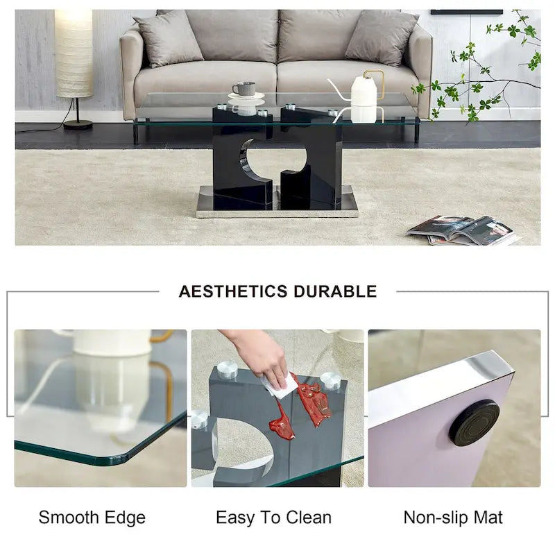 Table basse rectangulaire avec plateau en verre trempé et pieds en MDF