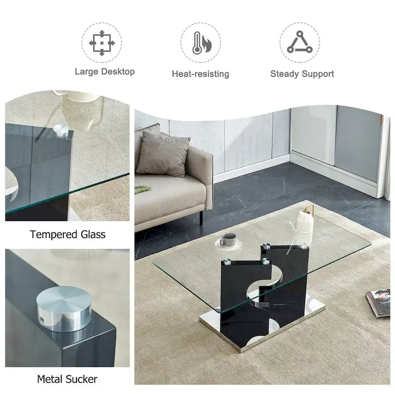 Table basse rectangulaire avec plateau en verre trempé et pieds en MDF